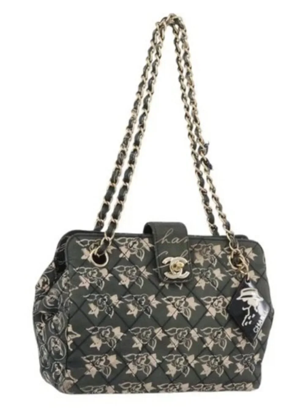 CHANEL Matelasse Chain Shoulder Bag Nylon Green Gold CC Auth ARZ394A